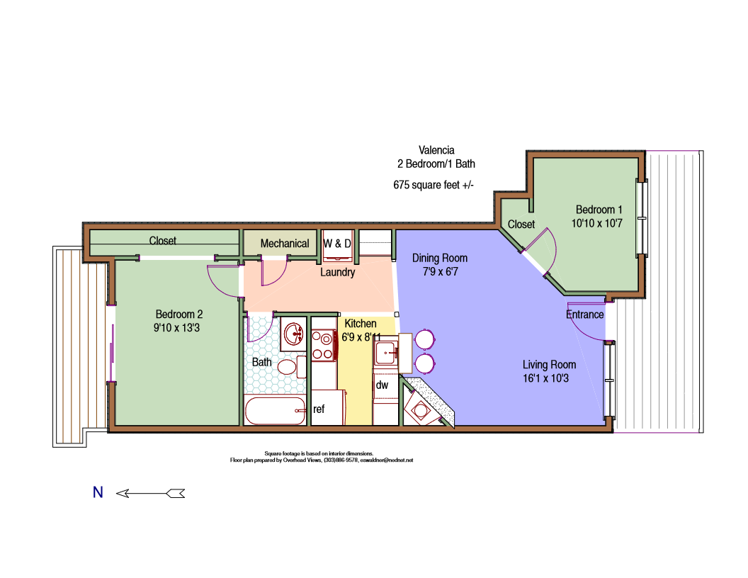 Floor plan for 2 beds, 1 bath, 850 sqft